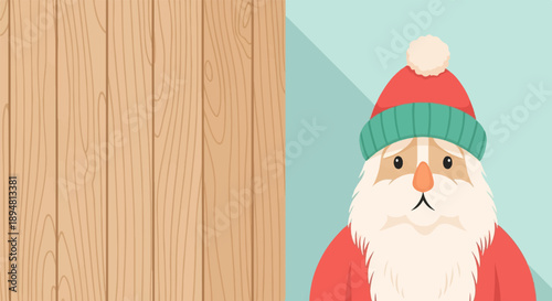 A sad cartoon Santa Claus character wearing a red and green hat with a fluffy pompom