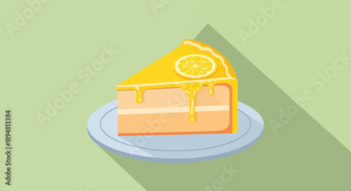A slice of bright yellow lemon cake with icing drips sits on a blue plate