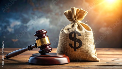 Justice money decision courtroom balance, gavel with sack, golden scales, warm sunlight, financial law, fair trial, legal settlement, wooden desk.