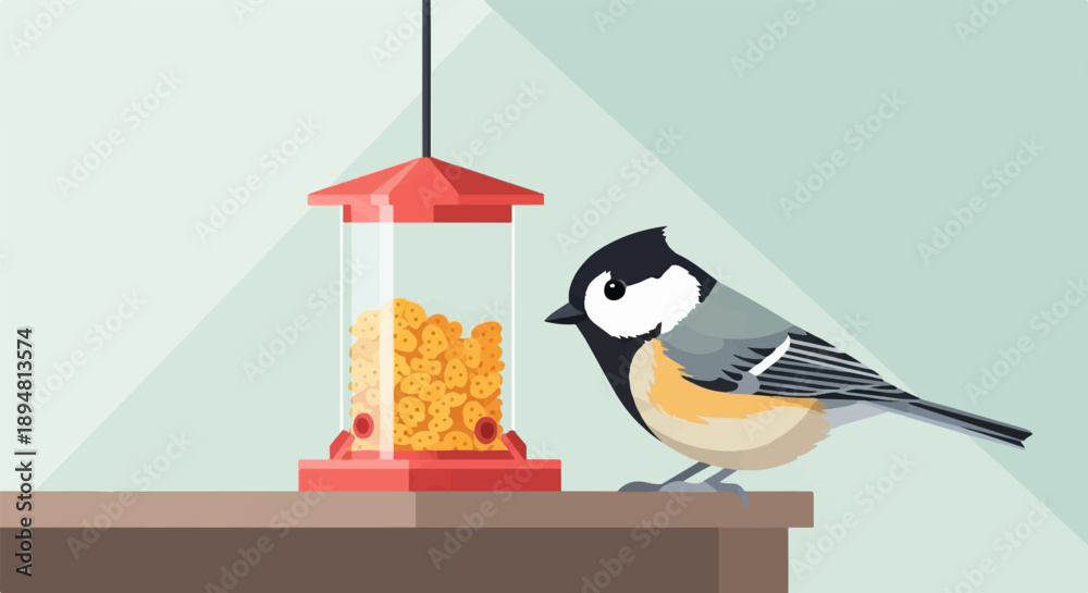 Obraz premium A small bird is looking at a bird feeder filled with seeds on a table