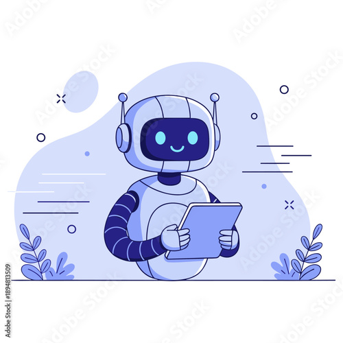 Friendly cartoon robot holding tablet with happy expression in blue tones