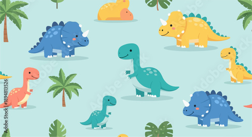 A seamless pattern of adorable cartoon dinosaurs and palm trees on a light blue background