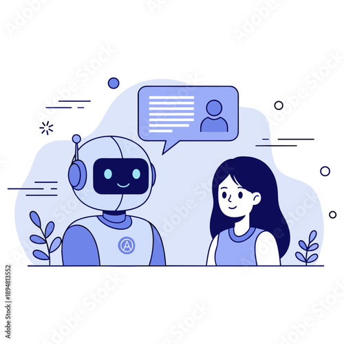 Asian female child interacting with friendly robot in blue-themed illustration