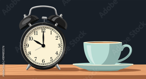 A retro alarm clock and a cup of coffee rest on a wooden surface
