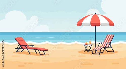 A serene beach scene with lounge chairs, an umbrella, and drinks