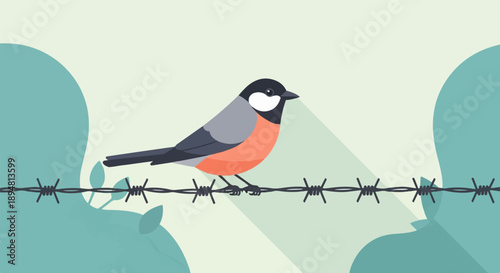 A small bird perches on barbed wire against a pale background with abstract shapes