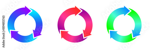 3 Cycle arrows set, vector icon collection. Circle process diagrams in colorful gradients