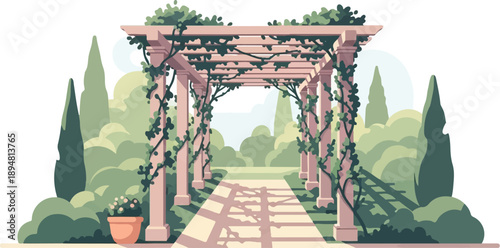 A serene garden path shaded by a flowering arbor in soft daylight