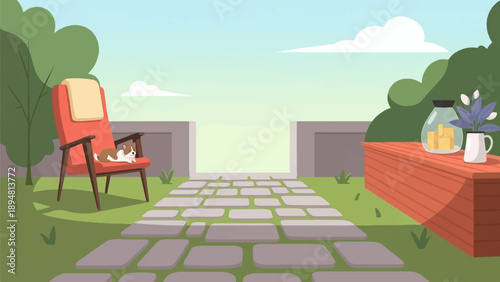 A serene garden scene with a dog on a chair and a pathway leading to a green open space