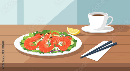 A refreshing shrimp salad with lemon and coffee on a wooden table