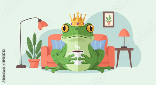 A regal frog enjoys a hot beverage while relaxing on a couch