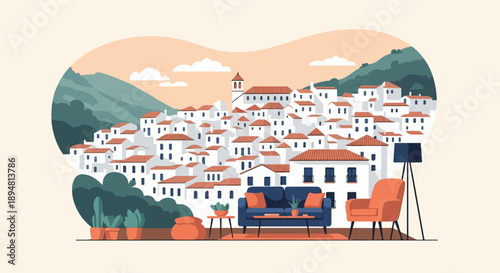 A serene interior with a view of a quaint Mediterranean village