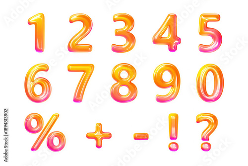 Glossy 3D balloon numbers set, vibrant orange and pink gradient numeric collection, shiny jelly bubble font for birthday and celebration designs