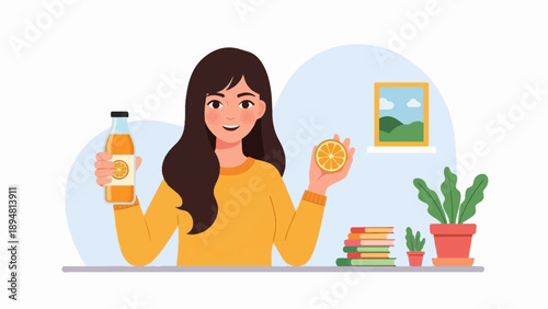 A person holding a bottle of juice and a slice of orange