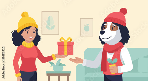 A person gives a gift to a dog wearing winter clothes inside a cozy room