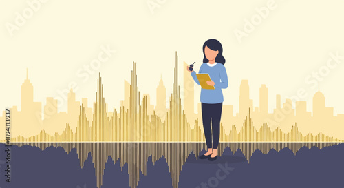 A person holds a device and tablet against a city skyline with an audio waveform
