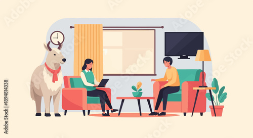 A llama wearing a scarf stands in a living room with two people and a TV