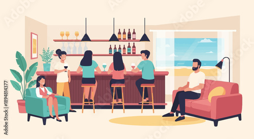 A lively gathering at a bar with beach view and indoor seating