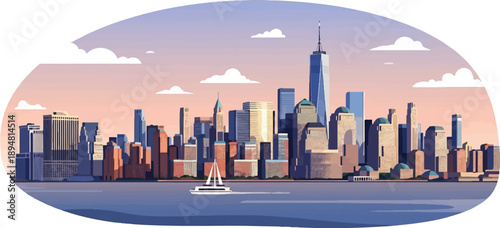 A pixelated cityscape at dawn features numerous tall buildings and a solitary sailboat