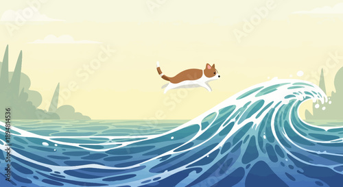 A pixelated cat mid-air leaps over a breaking ocean wave under a pale sky