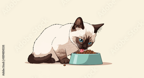A pixel art Siamese kitten with blue eyes eats from a teal bowl