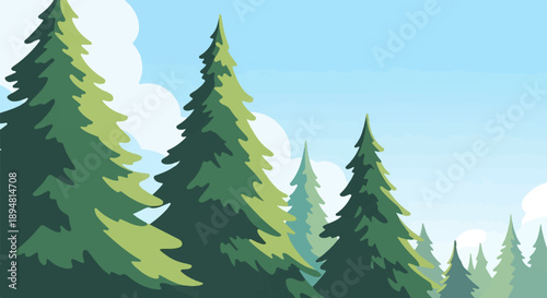 A serene landscape painting of tall, green evergreen trees under a bright blue sky