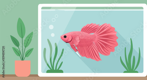 A pink fish swims in a clear aquarium with green plants