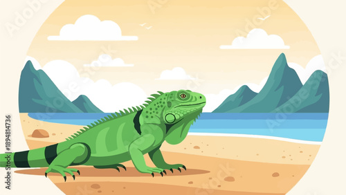 A green iguana basks on a sandy beach with blue ocean and green mountains in background