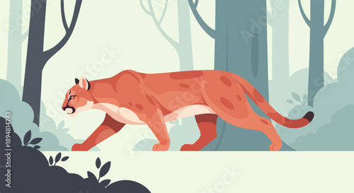 A stylized cougar walks through a muted forest scene with tall trees
