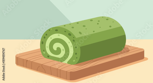 A green swiss roll cake with a swirled pattern sits on a wooden board