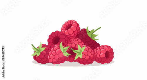A pile of ripe, pink raspberries with green stems on a white background