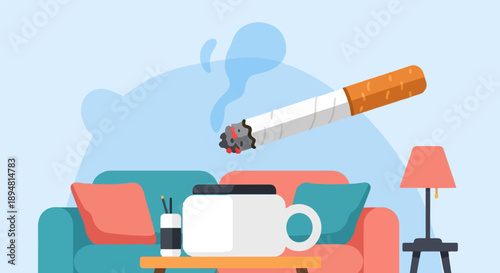 A lit cigarette floats above a couch with a mug and lamp