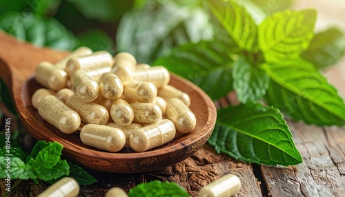Wallpaper Mural Herbal capsules on wooden spoon surrounded by fresh green mint leaves, suggesting natural health, wellness, and alternative medicine in a calm, rustic setting. Torontodigital.ca