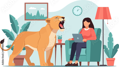 A lioness roars at a woman sitting in a chair with a laptop