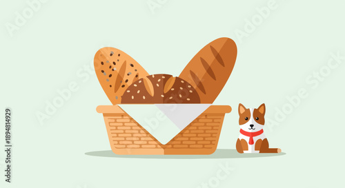 A small dog sits beside a basket filled with assorted bread on a light green background
