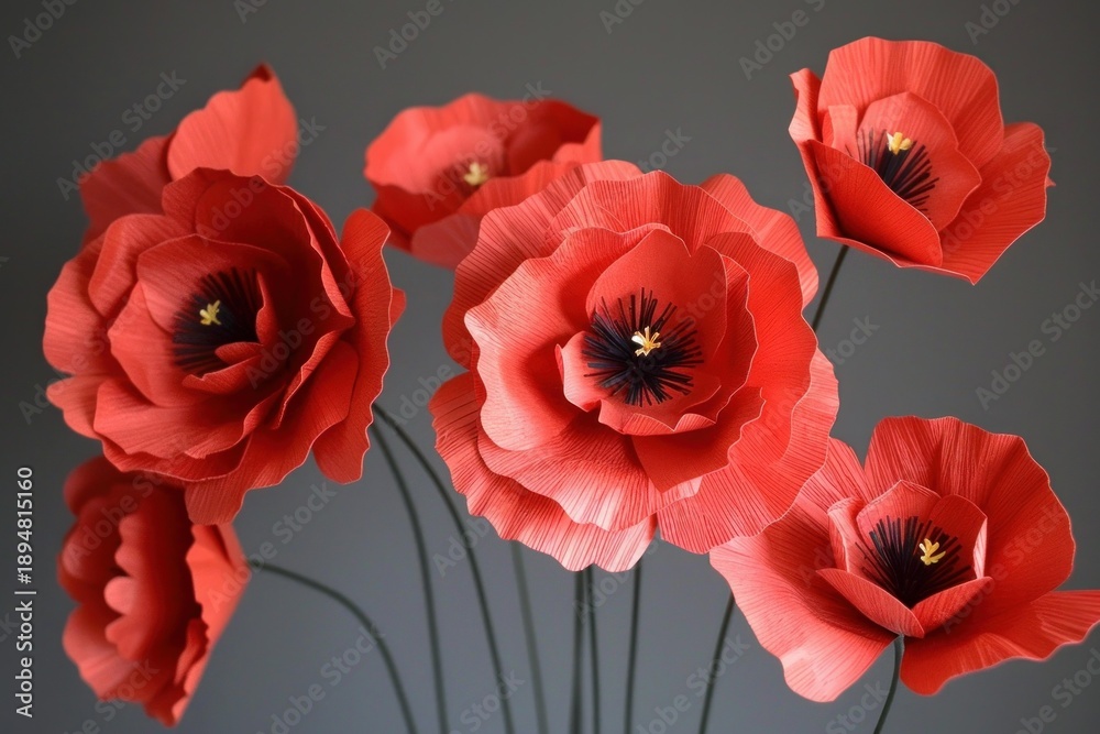 Fototapeta premium Red crepe paper poppies standing tall and proud, adding a touch of handcrafted beauty