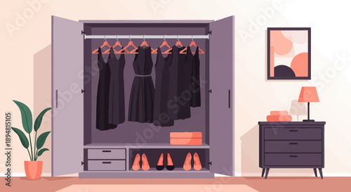 A purple wardrobe with black dresses and shoes, next to a plant and nightstand