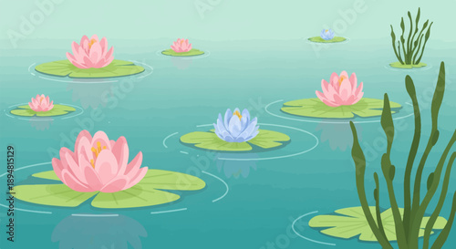 A serene pond scene with colorful lotus flowers and lily pads