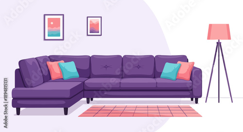 A purple sectional couch with cushions and artwork on a wall