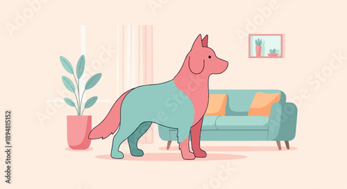 A stylized dog stands in a room with a sofa and plant