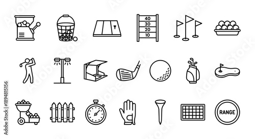 Golf driving range and practice facility icon set with ball dispenser and targets.