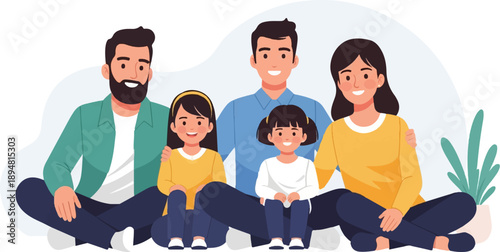 A smiling family of five sits together, two parents and three children