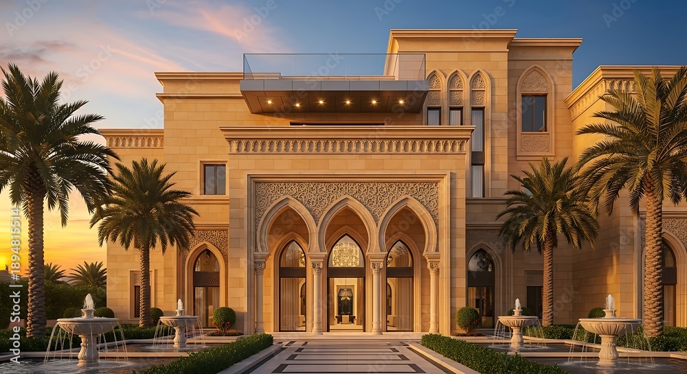 Obraz premium Luxurious Arabian Palace Lit by Golden Hour Glow, Featuring Intricate Arches, Lush Palm Gardens, and Reflecting Fountains, Evoking Grandeur, Serenity, and Architectural Elegance