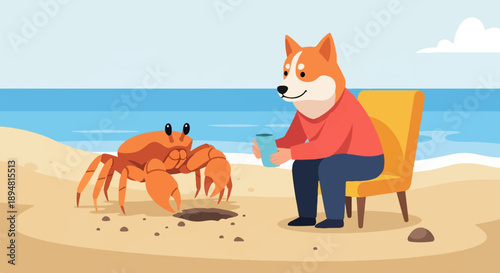 A Shiba Inu sits on a beach chair offering a drink to a crab