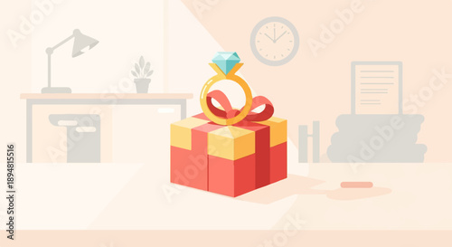 A proposal scene with a diamond ring on a gift box