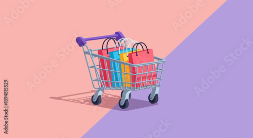 A shopping cart filled with colorful bags sits on a pink and purple background