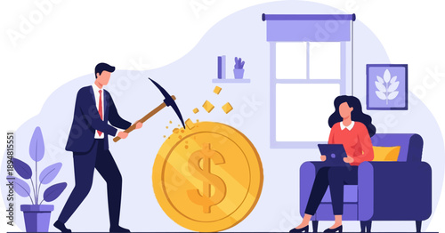 A man mines a giant coin while a woman works on a laptop at home