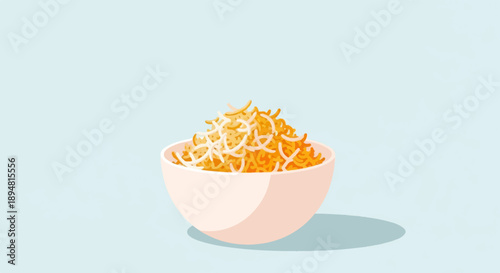 A light pink bowl is filled with shredded cheese against a light blue background