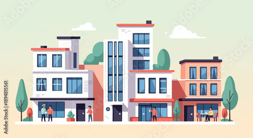 A modern street scene with diverse buildings and people interacting