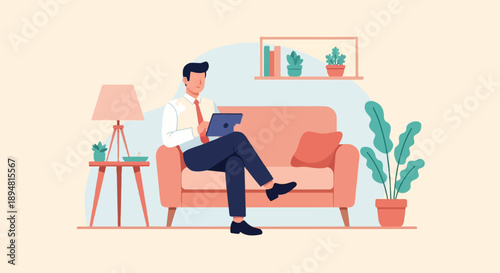 A man in a white shirt and red tie works on a tablet while sitting on a couch